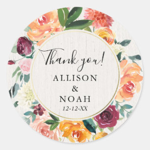 Fall floral watercolor rustic burgundy favour classic round sticker
