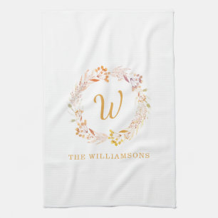 Fall Floral Watercolor Rustic Personalised Name  Tea Towel