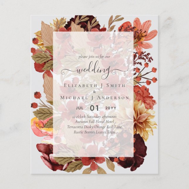 Fall Floral Wedding - Burgundy Orange BUDGET Flyer (Front)