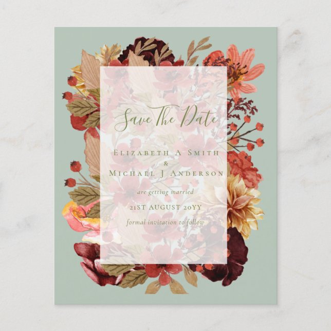 Fall Floral Wedding - Burgundy Orange BUDGET Flyer (Front)