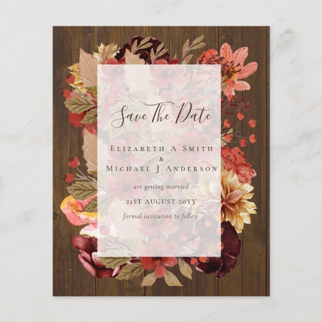 Fall Floral Wedding - Burgundy Orange BUDGET Flyer (Front)