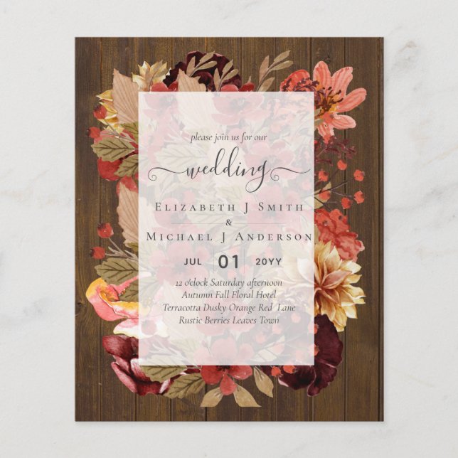 Fall Floral Wedding - Burgundy Orange BUDGET Flyer (Front)
