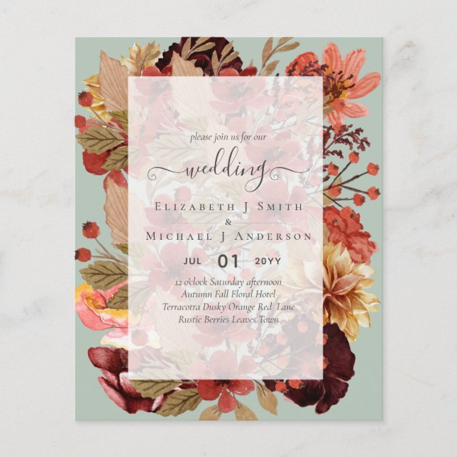 Fall Floral Wedding - Burgundy Orange BUDGET Flyer (Front)