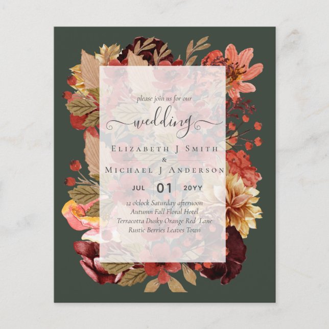 Fall Floral Wedding - Burgundy Orange BUDGET Flyer (Front)