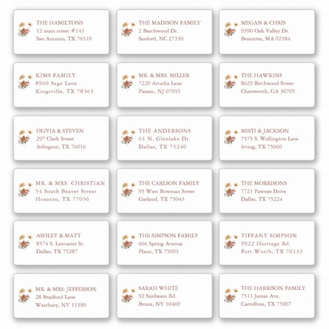 Fall Floral Wedding Guest Recipient Name Address (Front)