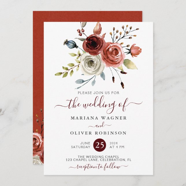 Fall Floral Wedding Invitation (Front/Back)