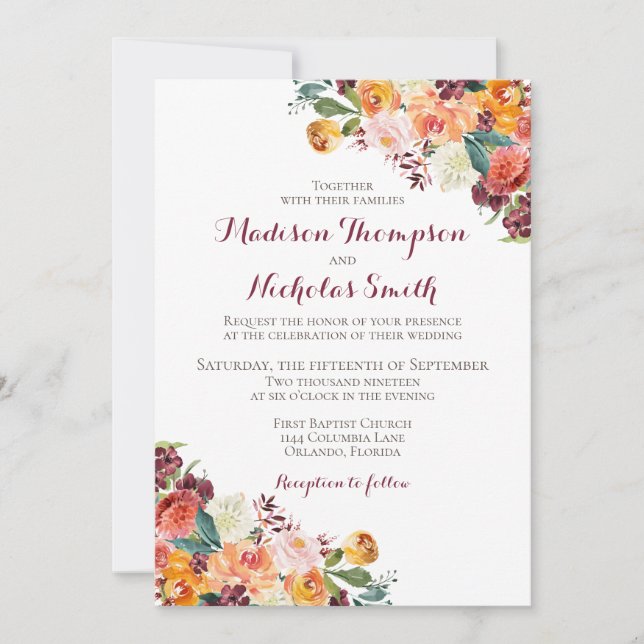 Fall Floral Wedding Invitation Card, Orange Maroon (Front)