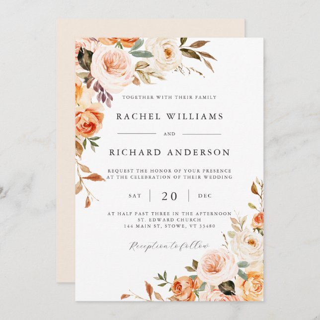 Fall Floral Wedding Invitation Peach Orange Modern (Front/Back)