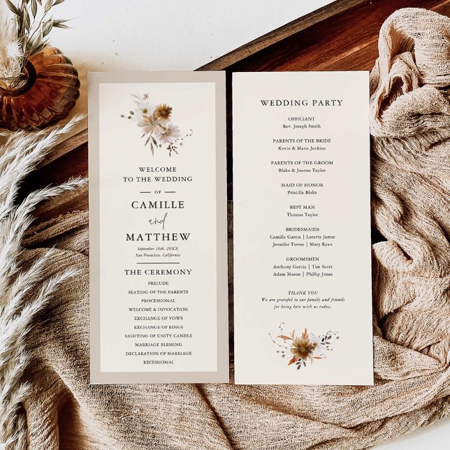 Fall Floral Wedding Program (Elegant minimal wildflower wedding program)
