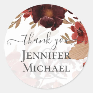 Fall Floral Wedding Suite Terracotta Burgundy Red Classic Round Sticker