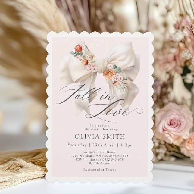 Fall Floral White Bow Fall in Love Baby Shower Invitation (Creator Uploaded)