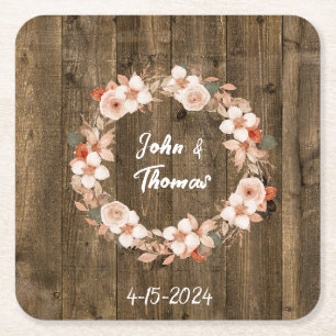 Fall Floral Wood Watercolor Wedding Square Paper Coaster