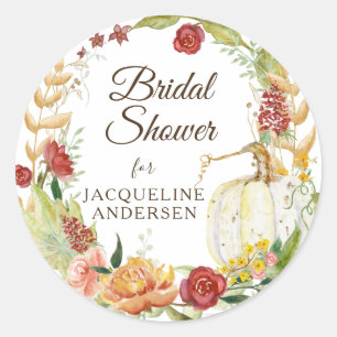 Fall Floral Wreath White Pumpkin Bridal Shower Classic Round Sticker