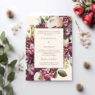Fall florals burgundy cream purple wedding invitation