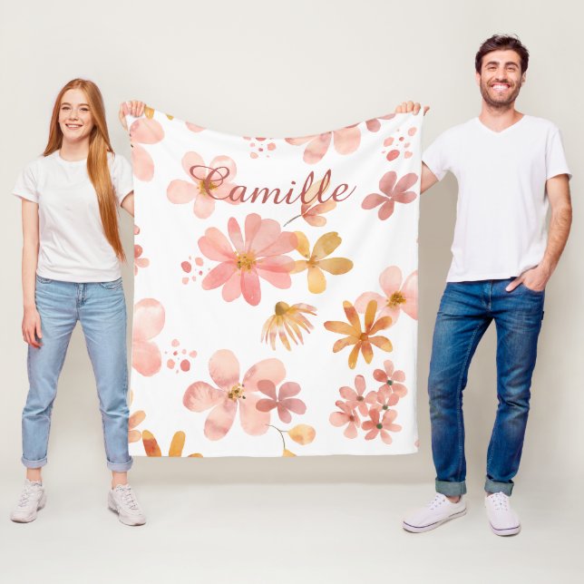 Fall florals name orange peach fleece blanket (In Situ)