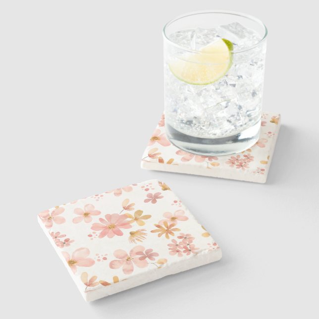 Fall florals orange peach modern stone coaster (Side)