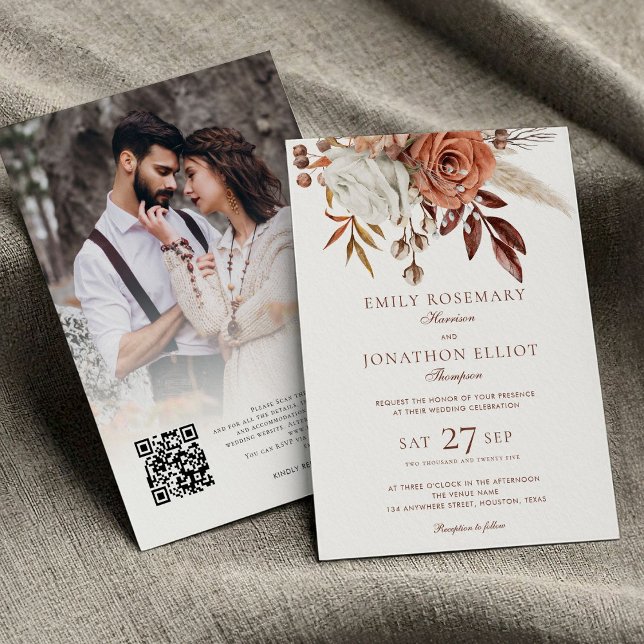 Fall Florals Photo QR Brown Text formal Wedding Invitation (front and back view)