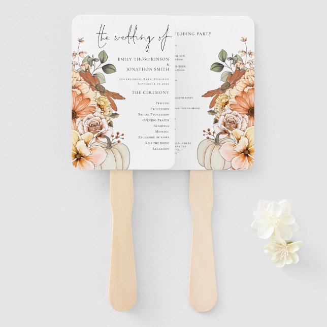 Fall Florals Pumpkin Watercolor Wedding Program Hand Fan (Front and Back)