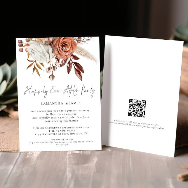 Fall Florals QR  Happily Ever After Party Wedding Invitation (Front and back view)