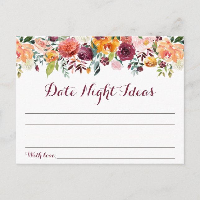 Fall Flower Date Night Ideas Cards, Orange Maroon Postcard (Front)