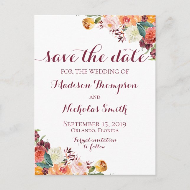 Fall Flower Save the Date Postcards, Orange Pink Postcard (Front)