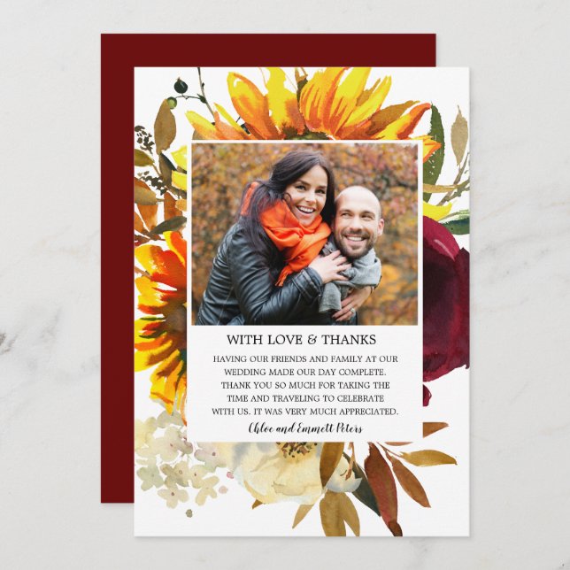 Fall Flower Sunflower Floral Wedding Photo Thank You Card (Front/Back)