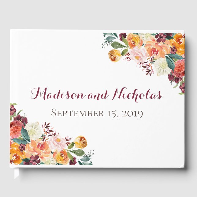 Fall Flower Wedding Guest Book, Orange Pink Book (Front)
