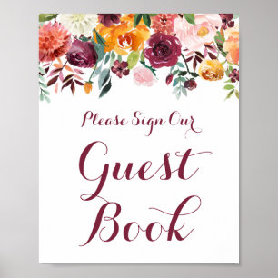 Fall Flower Wedding Guest Book Sign Poster
