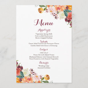 Fall Flower Wedding Menu Cards, Orange Maroon