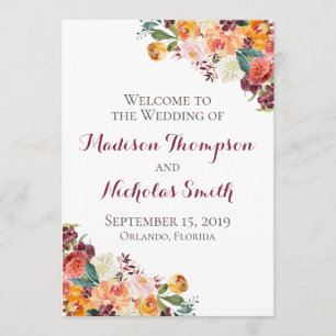 Fall Flower Wedding Program Cards, Orange Burgundy