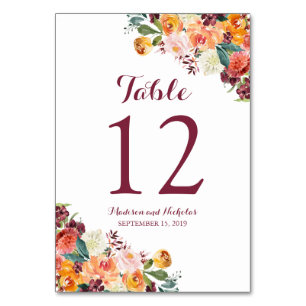 Fall Flower Wedding Table Number Cards Orange Pink