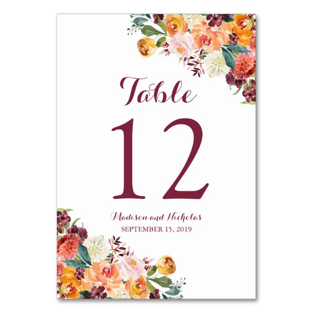 Fall Flower Wedding Table Number Cards Orange Pink (Front)
