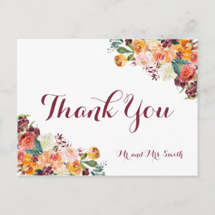 Fall Flower Wedding Thank You Postcards, Orange Postcard