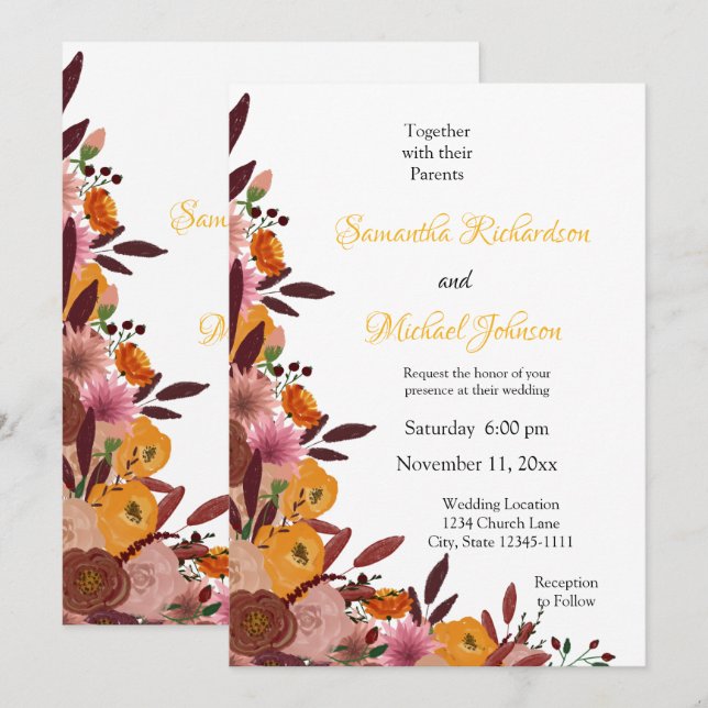 Fall Flower Wedding White Invitation (Front/Back)