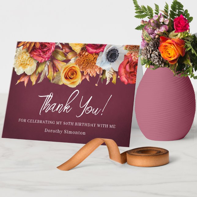 Fall Flowers 80th Birthday Folded Thank You Card (Lots of matching products available. Check out the 80th Birthday Burgundy Fall Flowers Collection!)