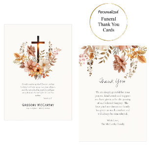 Fall Flowers and Cross Roman Catholic Funeral  Thank You Card
