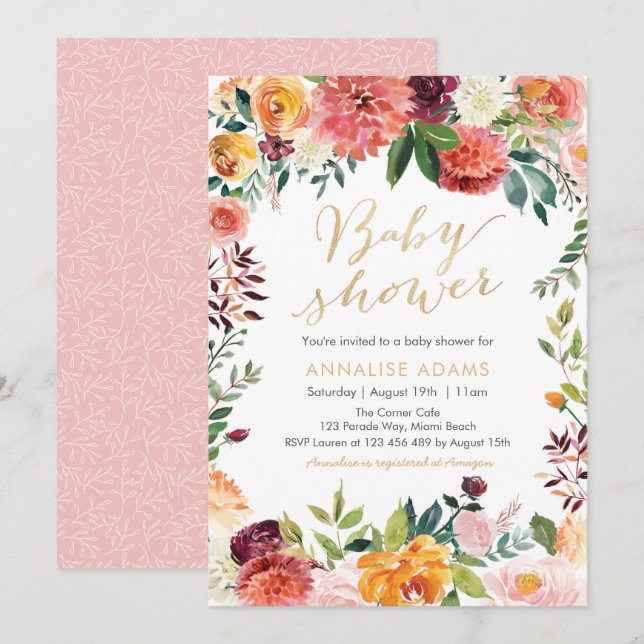 Fall flowers and gold Baby Shower invitation (Front/Back)