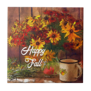 Fall flowers and mug with customisable text ceramic tile