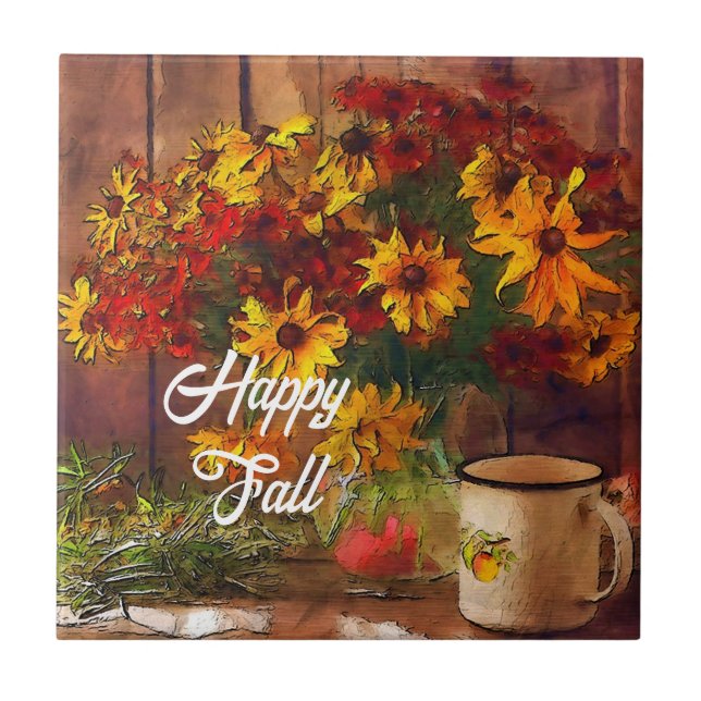 Fall flowers and mug with customisable text ceramic tile (Front)
