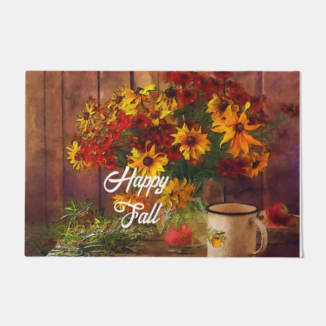 Fall flowers and mug with customisable text  doormat (Front)