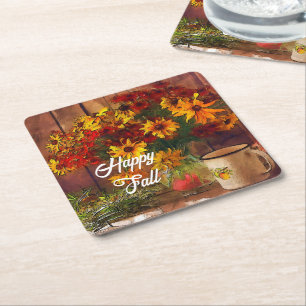 Fall flowers and mug with customisable text square paper coaster
