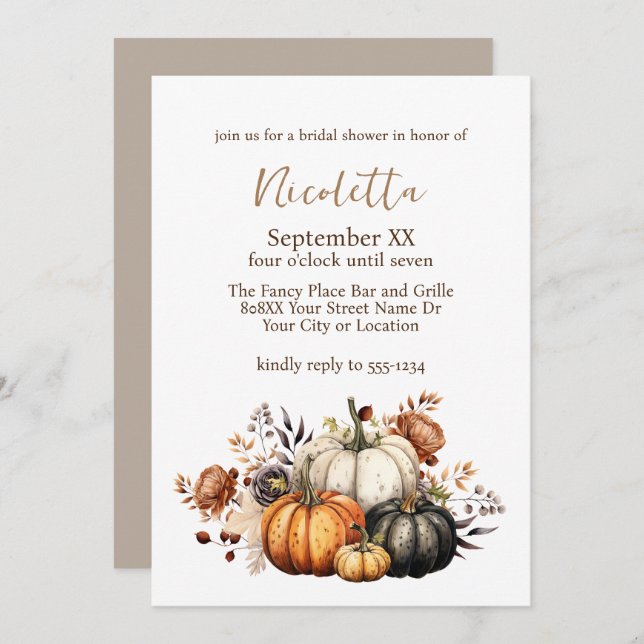 Fall Flowers and Pumpkins Watercolor Autumn Invitation (Front/Back)