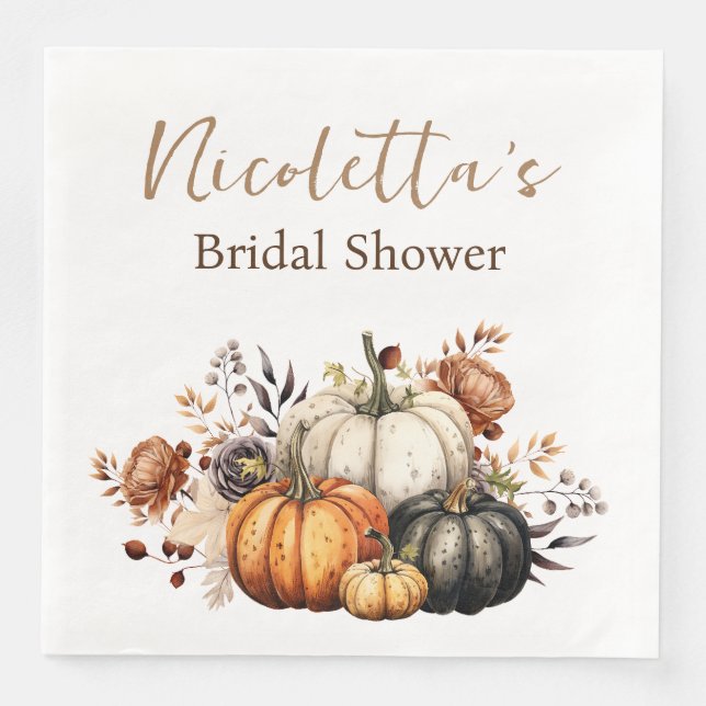 Fall Flowers and Pumpkins Watercolor Autumn Napkin (Front)