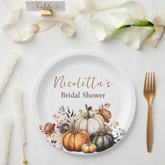 Fall Flowers and Pumpkins Watercolor Autumn Paper Plate (Wedding)