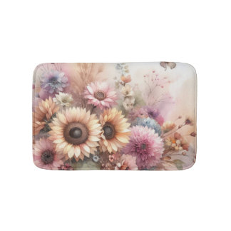 Fall flowers and sunflowers watercolor pastels bath mat