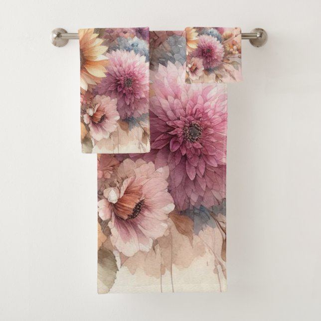 Fall flowers and sunflowers watercolor pastels bath towel set (Insitu)