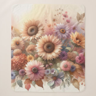 Fall flowers and sunflowers watercolor pastels sherpa blanket