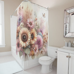 Fall flowers and sunflowers watercolor pastels shower curtain