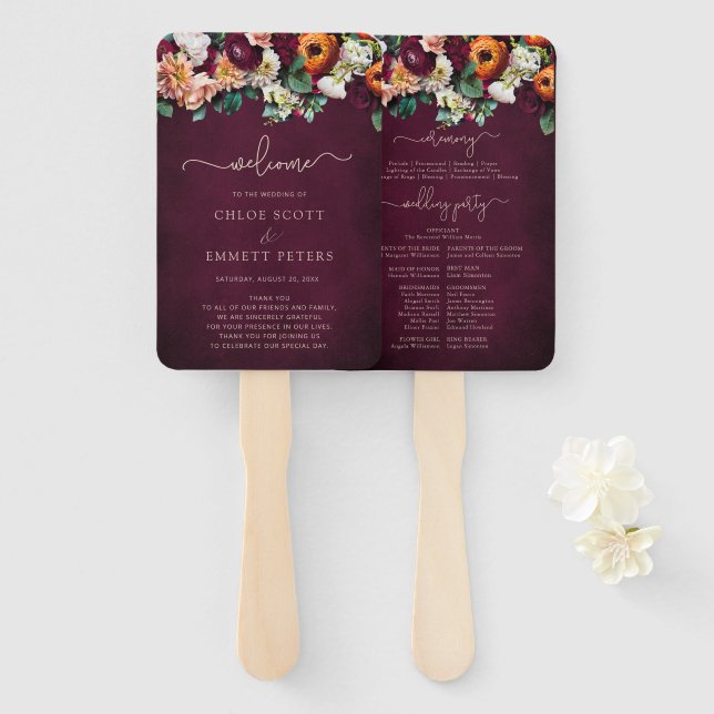 Fall Flowers Burgundy Wedding Ceremony Program Han Hand Fan (Front and Back)
