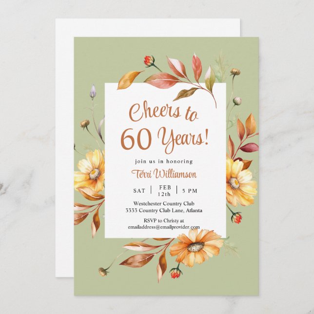 Fall Flowers Cheers to 60 Years 60th Birthday Invitation (Front/Back)